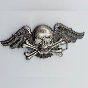 Silver-Tone Skull and Crossbones with Wings Belt Buckle